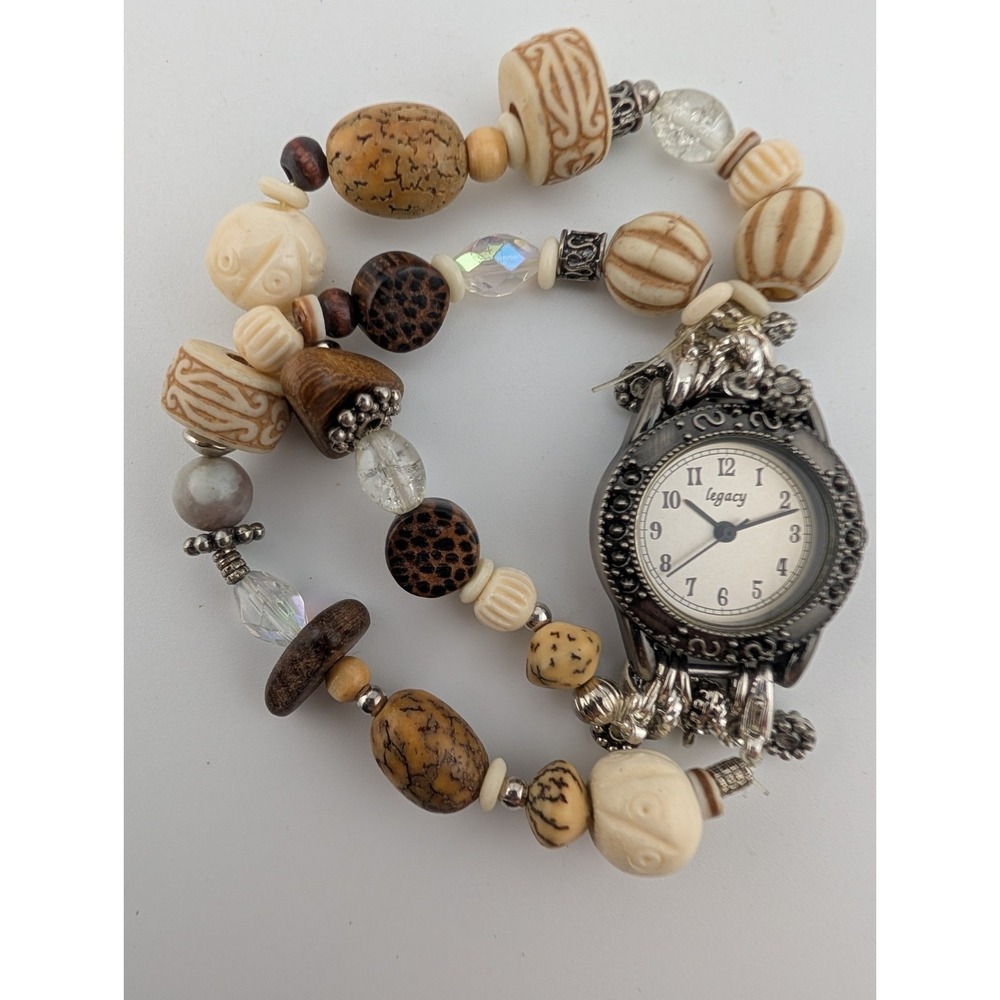 Legacy Watch Women 25mm Silver Case Boho Brown Beaded Band- New Battery